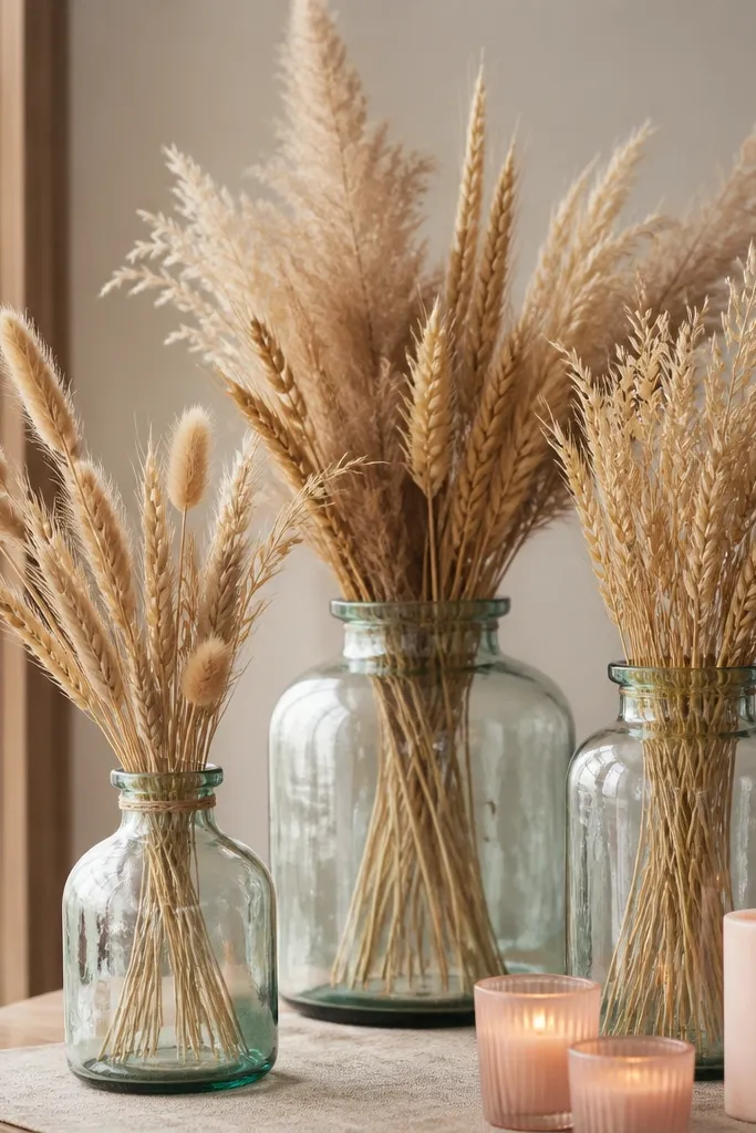 Three thrifted glass jars in different sizes holding dried wheat and pampas grass. The jars are placed on a neutral table runner with a few blush candles nearby.