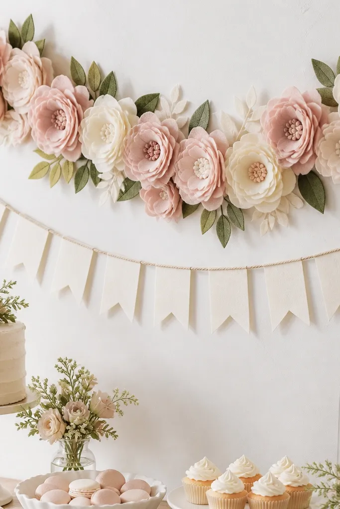 A felt flower garland made from layered fabric petals in blush and cream. It stretches along the edge of a wall above a dessert table, with small leaf cutouts and a warm white banner sign.