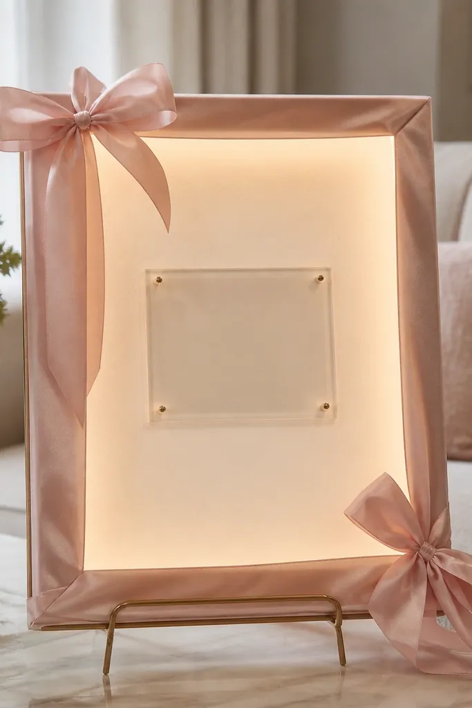 A freestanding photo frame with warm white backing, surrounded by blush satin ribbon. A small acrylic sign reads "Bride to Be" at the center, and the frame sits on a stand near a sofa.