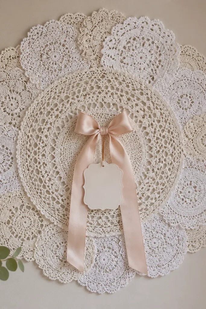 A large circular doily arrangement on a wall, with layered smaller doilies around the edges. In the center hangs a blush ribbon bow and a small "Bride to Be" sign.