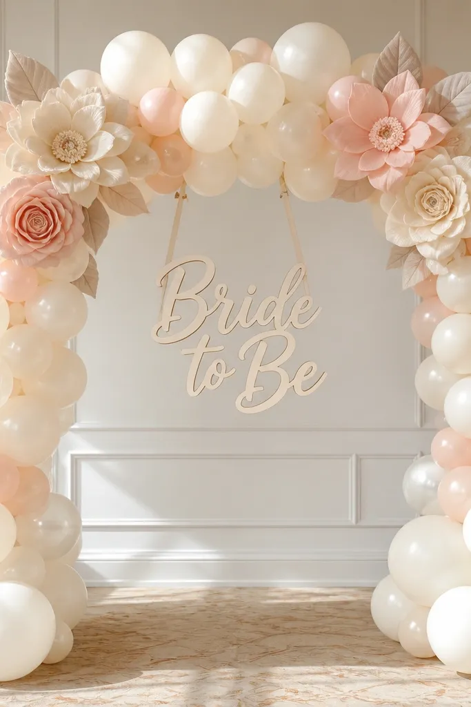 A balloon arch in warm white and cream with a few blush accents. Fabric flowers in felt or satin are attached at the top corners, and a "Bride to Be" sign hangs in the center.