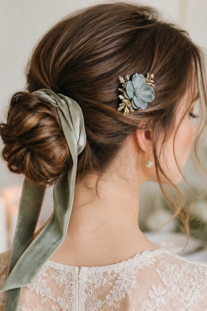 A close-up of a bridal updo with a sage green velvet ribbon wrapped around the base of the bun. A small dusty blue flower clip sits near the temple, and the background shows soft candlelight on an ivory table.