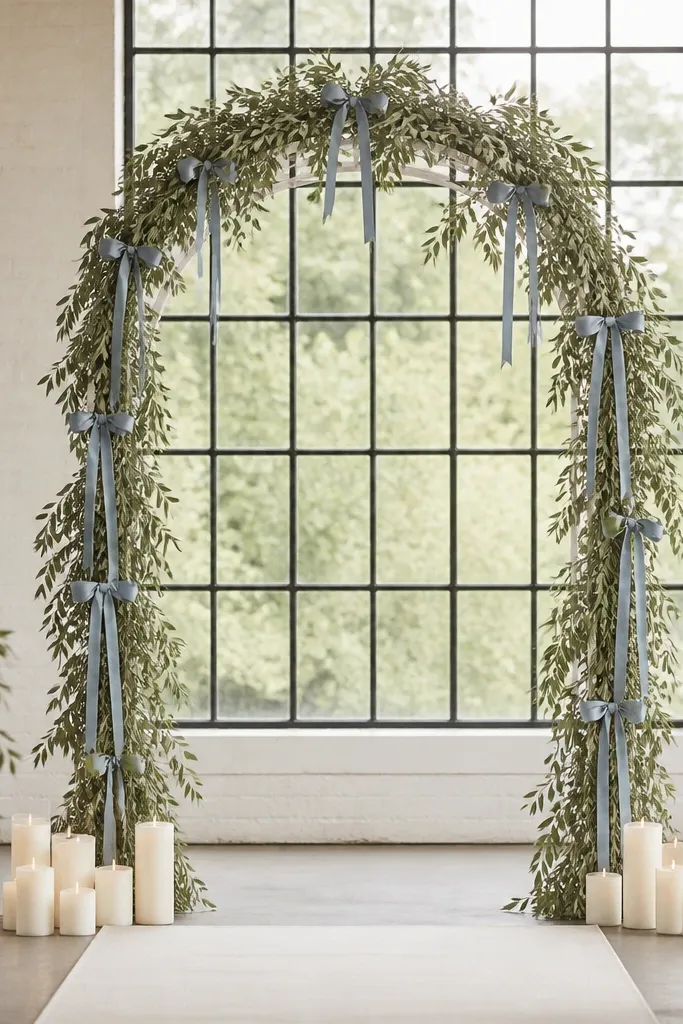 A white ceremony arch wrapped in sage greenery. Dusty blue ribbon loops hang at even intervals, and there are cream candles on the floor with a small aisle runner.