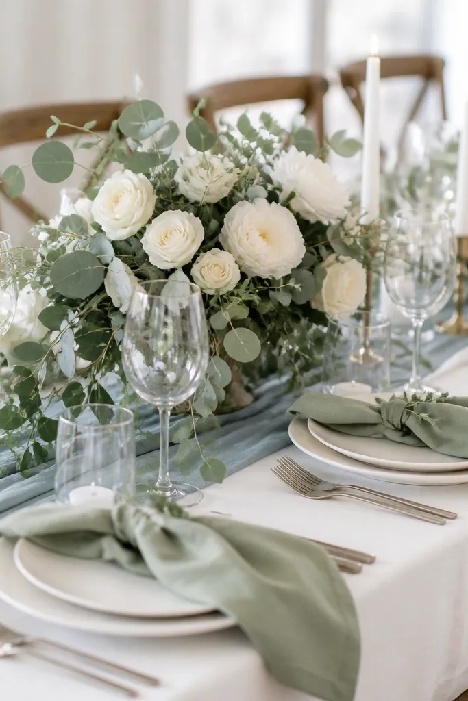 A wedding table set with a dusty blue runner running down the center. On top are sage green cloth napkins folded loosely, ivory plates, and a centerpiece of cream flowers with eucalyptus leaves.