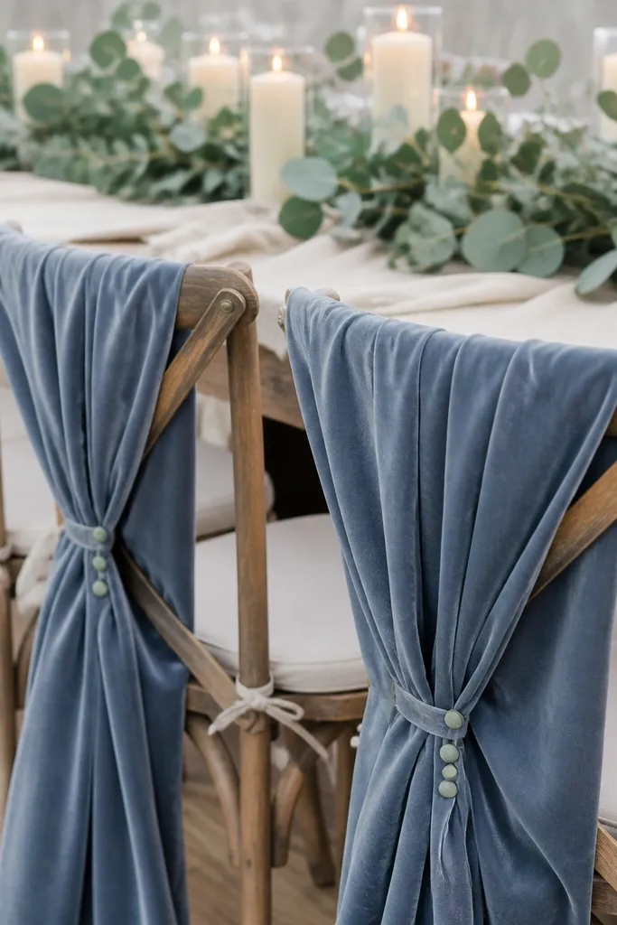A display of dusty blue velvet shawls draped over chairs at a wedding. Each wrap has small sage green buttons, and there are cream candles and eucalyptus sprigs on the table behind.