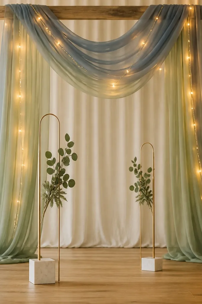 A wedding ceremony corner with soft fabric swags hanging from a simple wooden crossbeam. The drapes shift from dusty blue at the top to sage green at the bottom, lit by warm string lights that glow amber through sheer chiffon. In front, two slender aisle signs sit on white marble bases, each holding a small eucalyptus sprig and a dusting of dried sage leaves. The background is a neutral linen curtain so the color wash looks smooth instead of patchy.