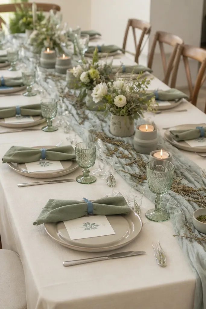 A long reception table set for ten with a creamy ivory linen tablecloth. Each place setting has a sage green linen napkin folded into a simple triangle and tied with a dusty blue satin ribbon band. At the center of each plate, a small hand-stamped menu card sits in front of the fork, inked in dusty blue with a eucalyptus leaf icon. The candlesticks are short and matte, and there are scattered dried sage sprigs on the runner for texture without clutter.