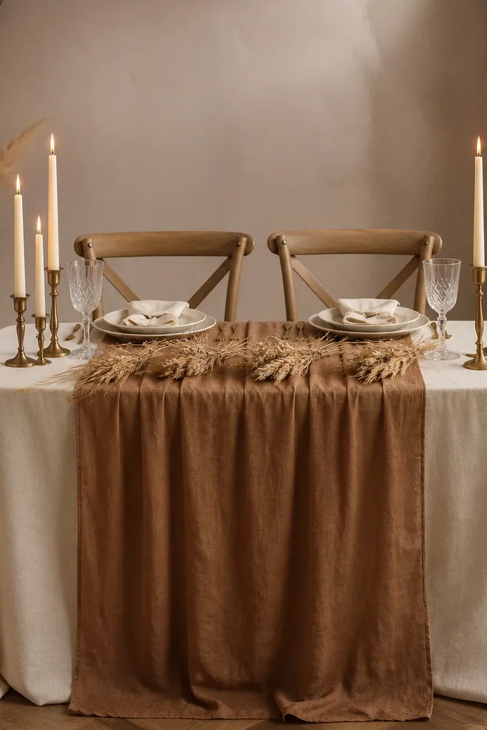 A sweetheart table draped with a cinnamon-brown linen runner over a warm ivory tablecloth. Short clusters of dried wheat sit along the centerline. Several warm ivory taper candles in brass holders glow on both sides, and the place settings use cream napkins.