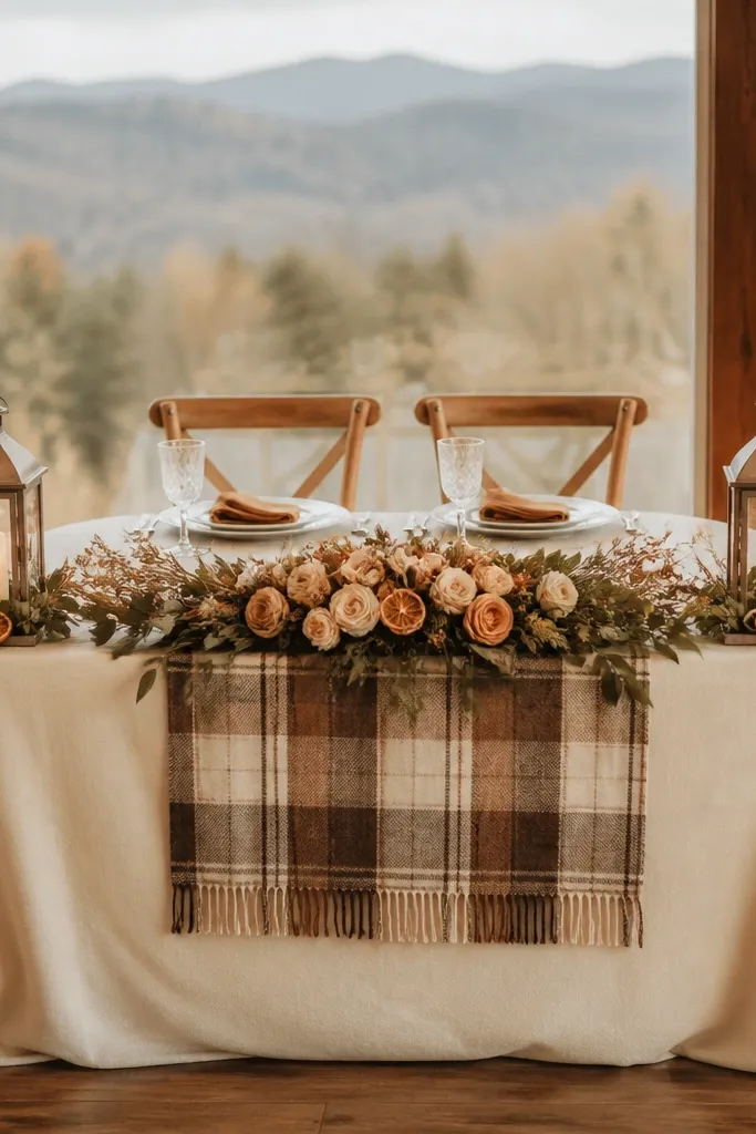 A sweetheart table covered in warm ivory cloth with a camel wool plaid runner. Amber lanterns sit at the ends, and small dried orange slices are tucked into a low floral arrangement. The place settings include white plates and caramel napkins.