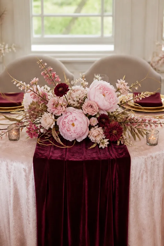 A sweetheart table covered in blush and burgundy tones. A burgundy velvet runner sits centered. Blush peonies and soft pink florals fill a low arrangement with gold wire stems. Gold flatware and burgundy napkins match the runner.