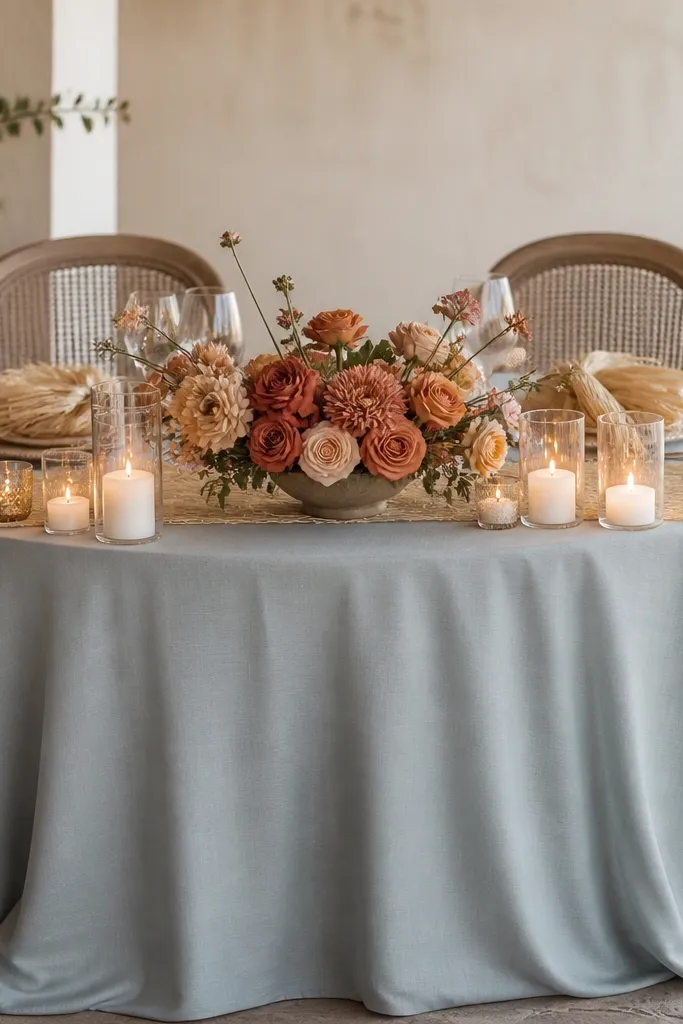 A sweetheart table with a soft gray-blue tablecloth. Terra-cotta florals sit in a low centerpiece, and straw-like texture appears in the runner and napkin styling. Warm white candles glow around the flowers.