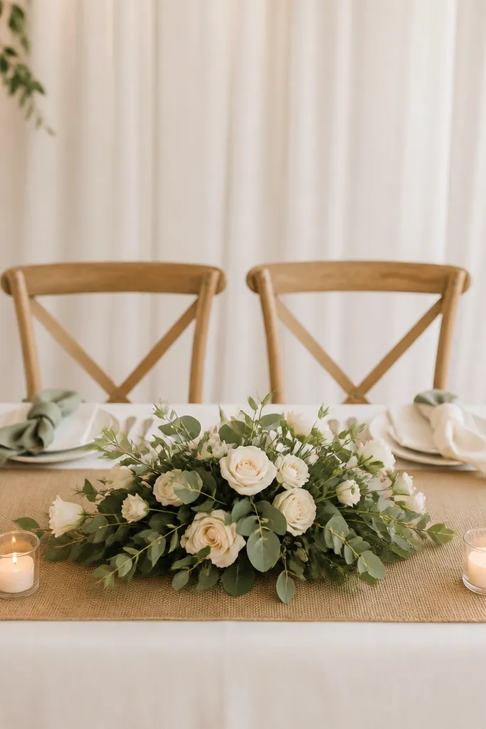 A sweetheart table with a sand burlap runner laid flat and slightly textured. Sage greenery and cream spray roses fill a low centerpiece. The candles are short in clear glass, and the napkins are sage and cream mixed tones.
