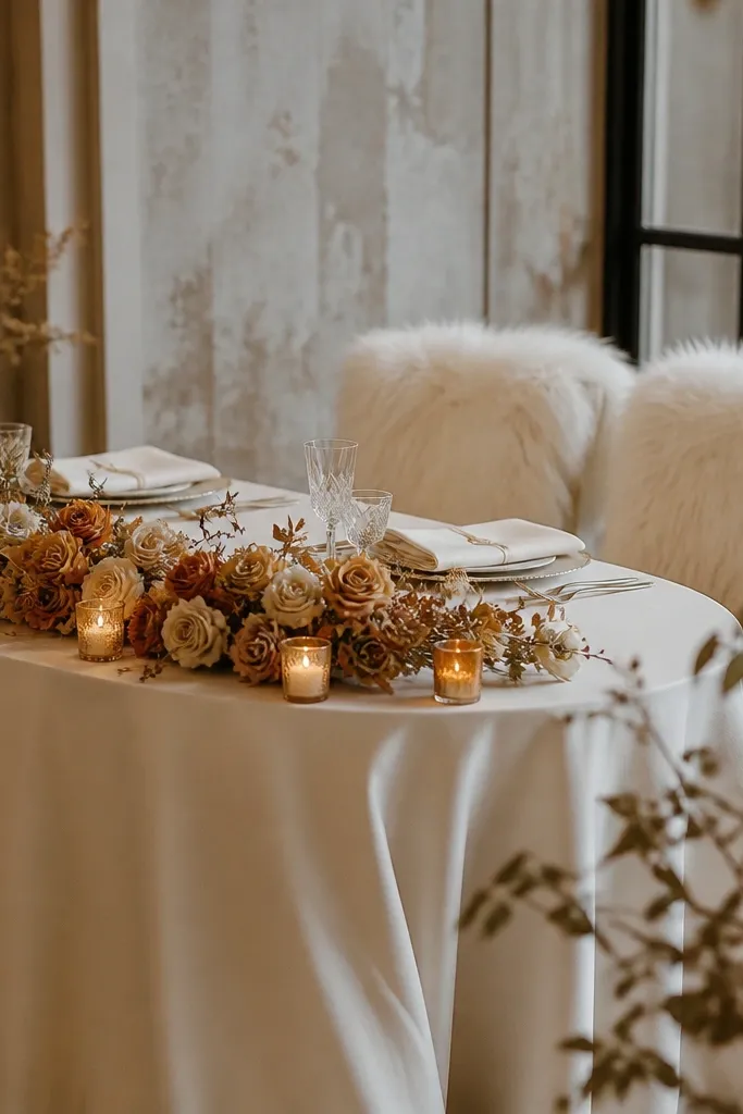 A sweetheart table where the chairs have cream faux fur wraps. The table has a simple cream cloth with a low floral line in caramel and honey tones. Warm candles glow in small holders and the napkins are cream.