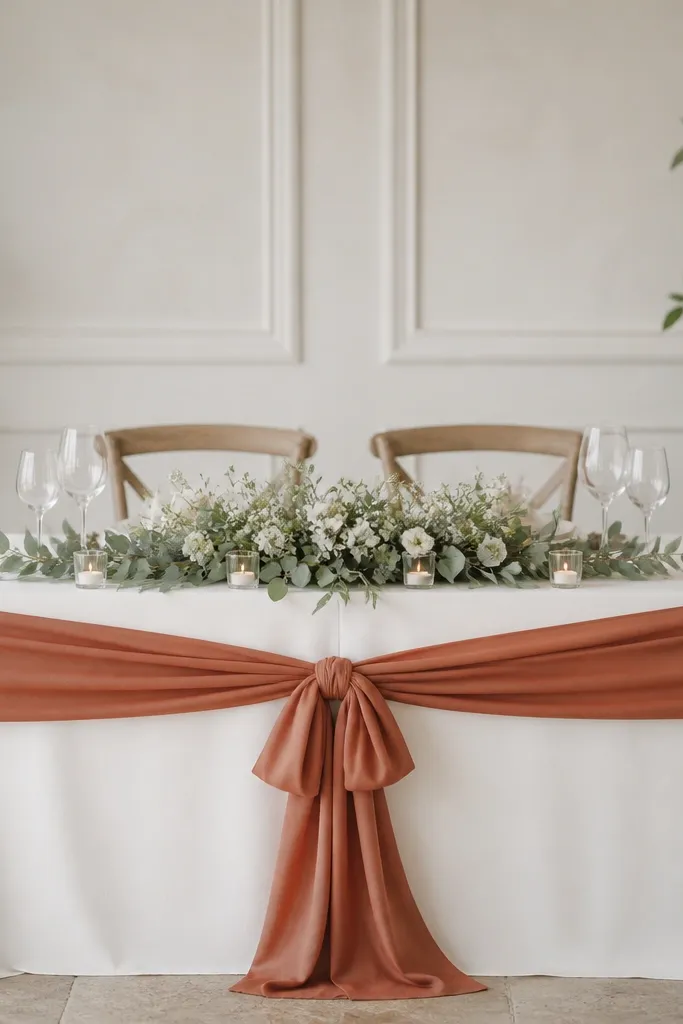 A sweetheart table with a white tablecloth. A terracotta ribbon is tied into a centered bow runner effect. Sage micro-greens and small white blooms form a low centerpiece, with tiny votives in clear glass.