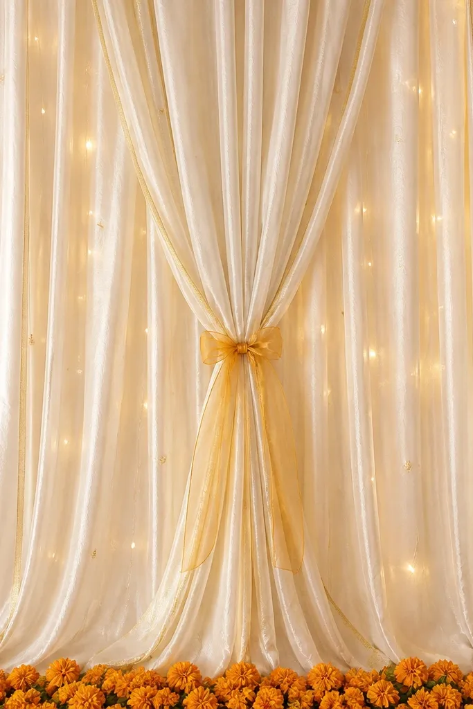 A full-height background made from cream satin dupattas draped side by side, with a garland of marigold-orange flowers running along the bottom edge. Small warm fairy lights are tucked behind the folds, and a turmeric-gold ribbon bow is tied at the center seam.