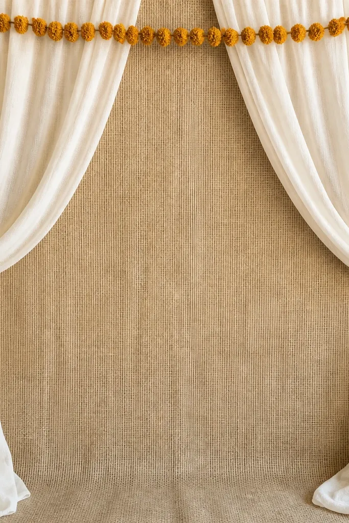 A backdrop with a jute cloth panel as the main fill, layered with off-white muslin drapes on top. A line of small dried marigold heads sits across the top, and a few turmeric-yellow tassels hang from a string at the corners.
