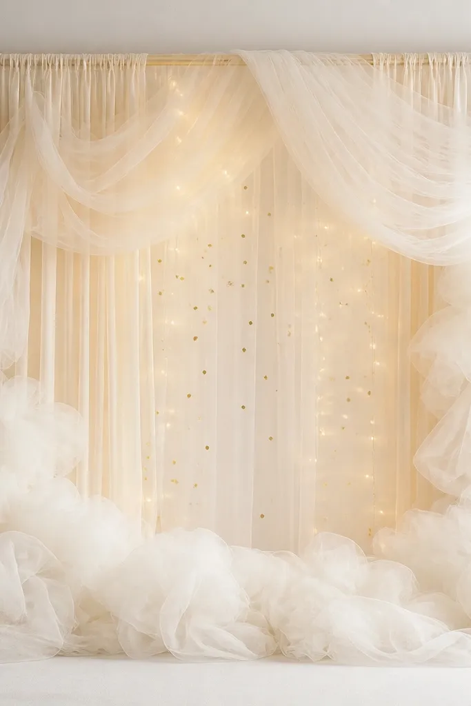 A cream and pale-gold curtain rod backdrop with layered tulle pieces that look like soft clouds. Tiny gold dot stickers or confetti are scattered near the center, and a small halo of warm fairy lights glows behind the tulle.