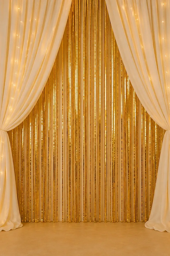 A backdrop with cream drapes in the center and gold foil curtain strips hanging vertically behind the center. Two small diyas sit on the floor at both sides, and warm fairy lights are tucked into the cream folds.