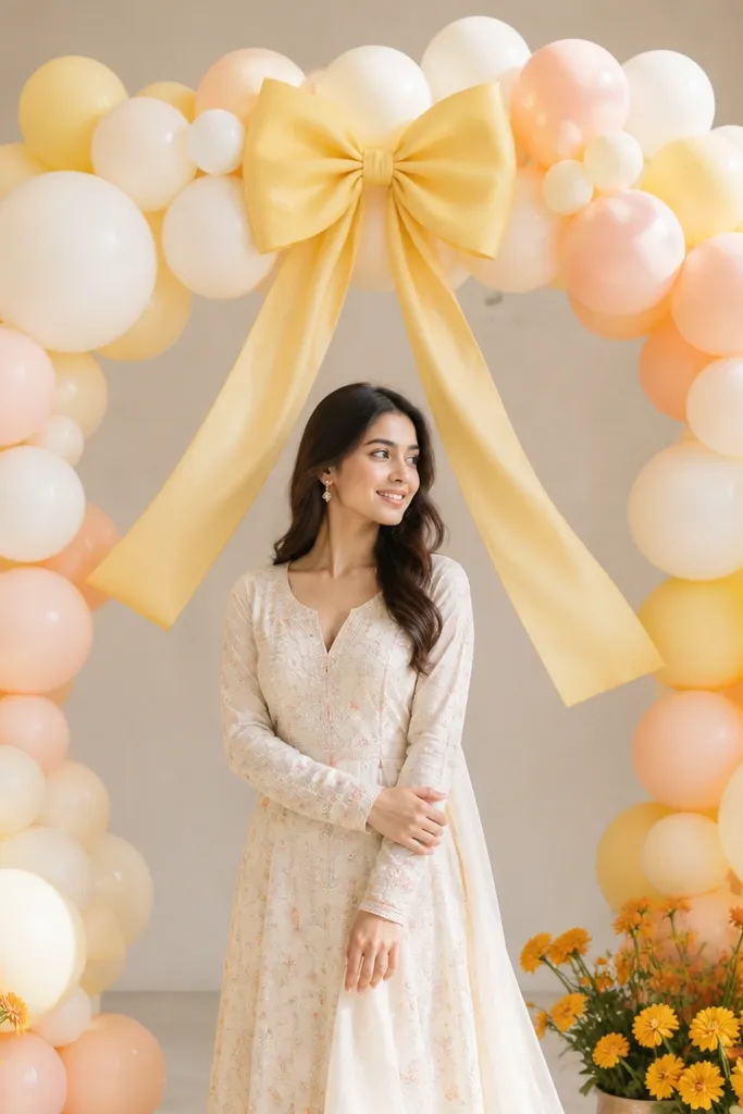 A balloon garland in pastel cream, butter yellow, and pale peach arranged in an arch behind the person. A big butter-yellow ribbon bow is tied at the center, and a small marigold bunch sits at the base of the arch.