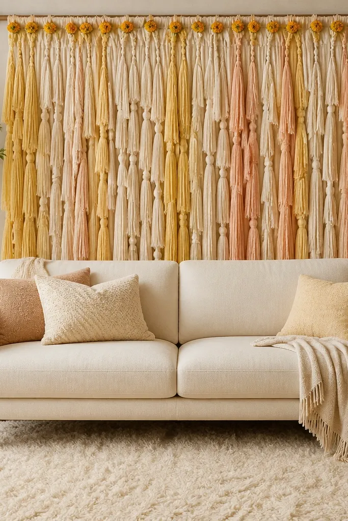 A sofa with a fabric tassel curtain behind it. Tassels in cream, pale yellow, and light peach hang from a rod, with marigold buds tucked into the top seam. The floor shows a soft cream rug under the setup.