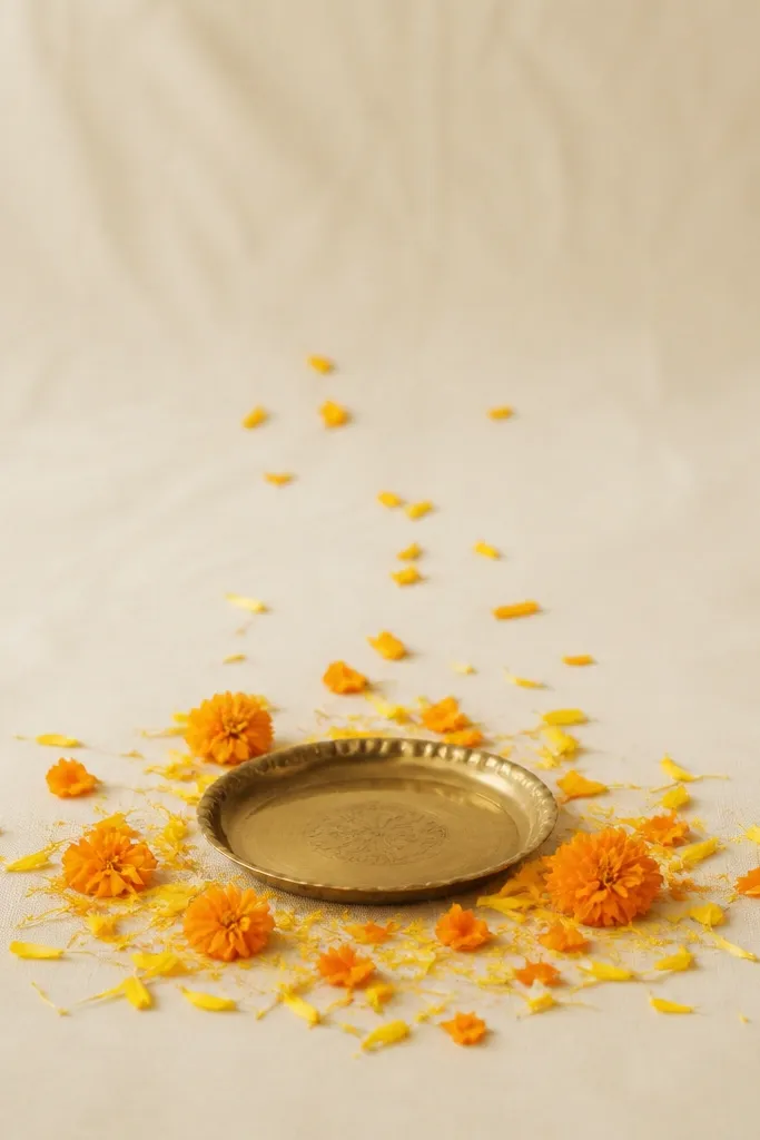 A cream backdrop sheet with a controlled scatter of marigold petals and small yellow flower petals concentrated around the bottom center. A few petals are placed in a light arc leading toward the person, and a small brass tray sits at the center.