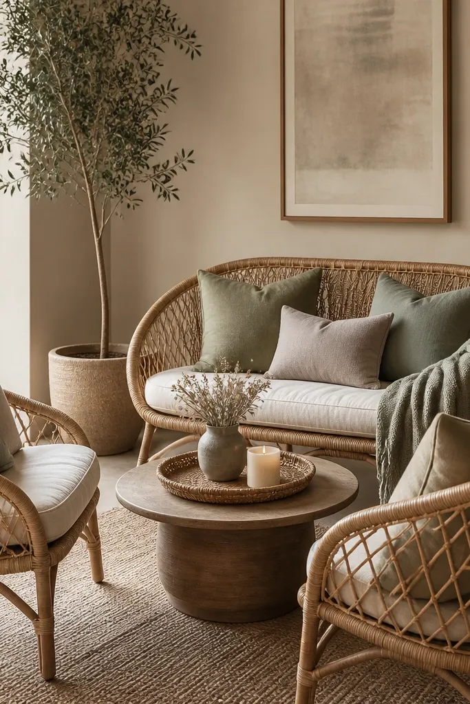 A cozy lounge corner with a small rattan loveseat and two chairs. There's a low round coffee table with a tray holding a candle and a vase of dried flowers. Linen throw pillows in taupe and sage are layered on the chairs.