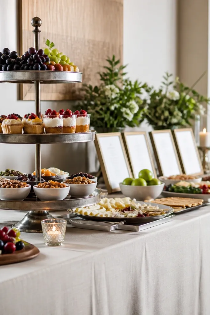 A long food table covered in off-white linen. The centerpiece is a three-level stand holding fruit and desserts. Smaller bowls of nuts sit on a lower tier, and a row of framed menus lines the back edge.