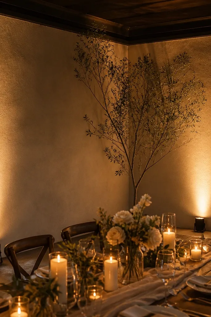 Two small uplight fixtures positioned on the floor at the corners of the room. The light washes up the walls in a soft amber glow while the ceiling stays darker. Tables glow warmly with candles in the foreground.