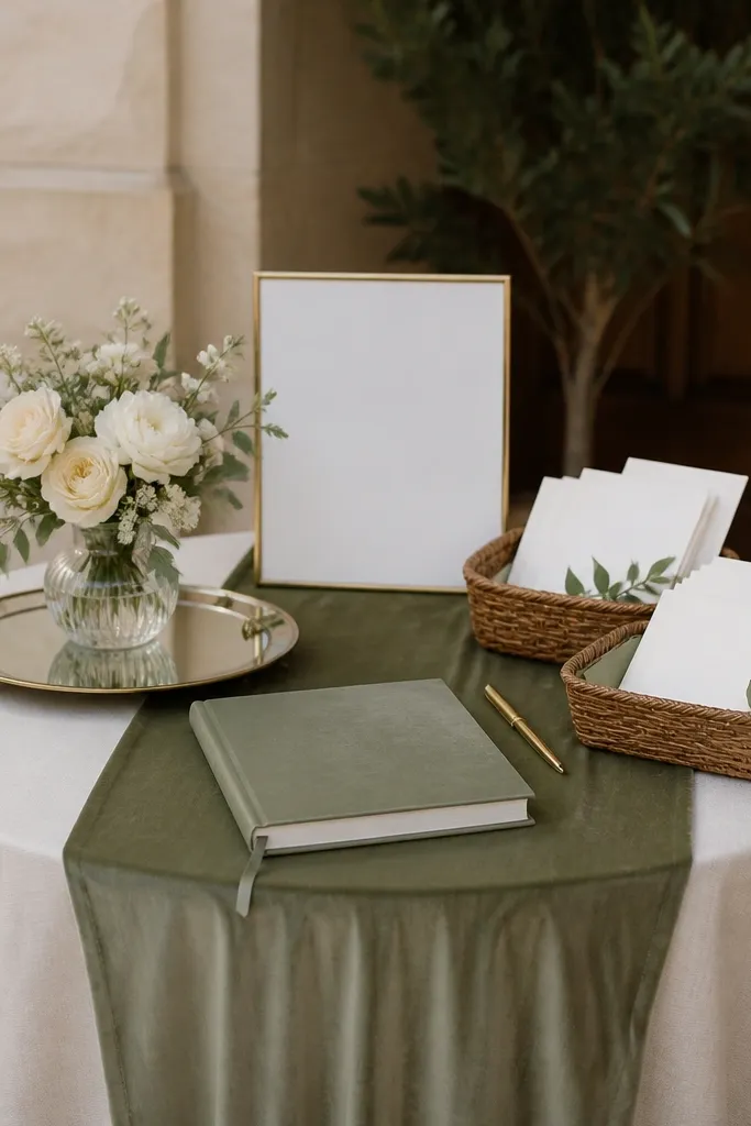 A small welcome table with a cream linen cloth, a mirrored tray, a small bud vase bouquet, and a framed sign. There are two small baskets with programs and a guest book on top of a velvet runner.