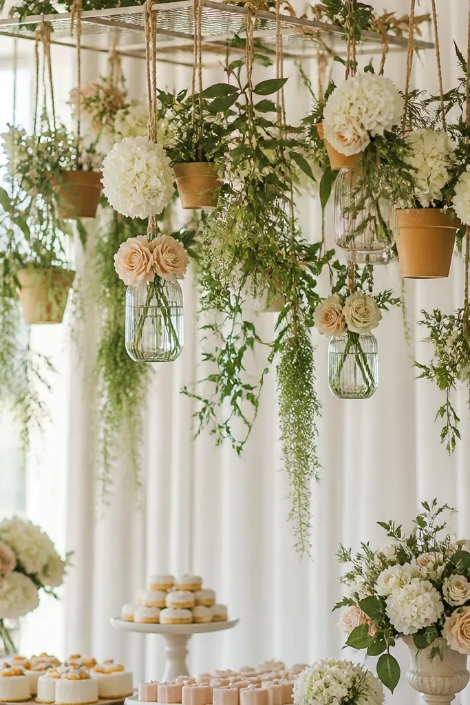 A hanging cluster above the dessert table made from several small pots and clear glass cups attached to a frame. White and blush flowers hang at different heights, with greenery draping down.