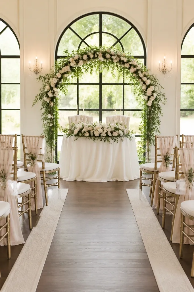Guest seating in a gentle half-circle around the sweetheart table, with a clear aisle cut through the center. Chairs are wrapped in soft fabric sashes and the floor has small runner strips.