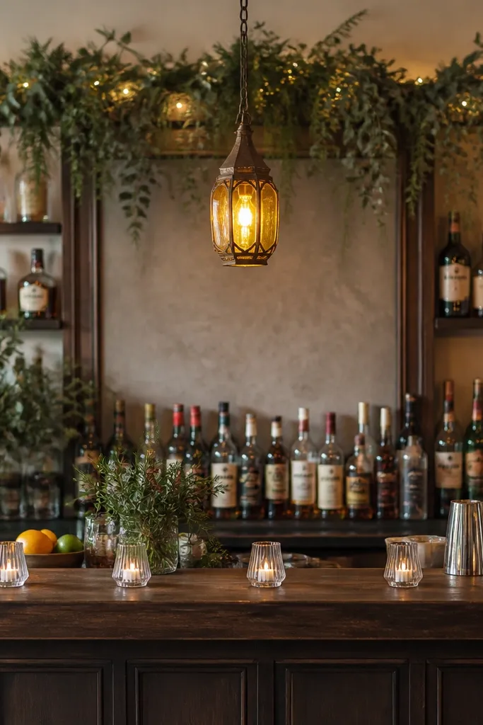 A bar back is decorated with a soft garland line draped along the top. Hanging lanterns in amber glass sit above the drink menu, and the bar front has small candle holders.