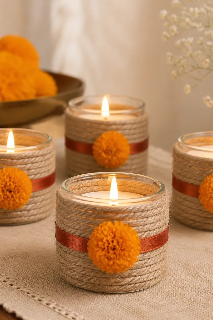 A set of tealight holders wrapped in coarse jute twine, each sleeve tied with a small marigold pom-pom and a strip of rust-colored satin ribbon; the candles glow warmly on a beige table runner.