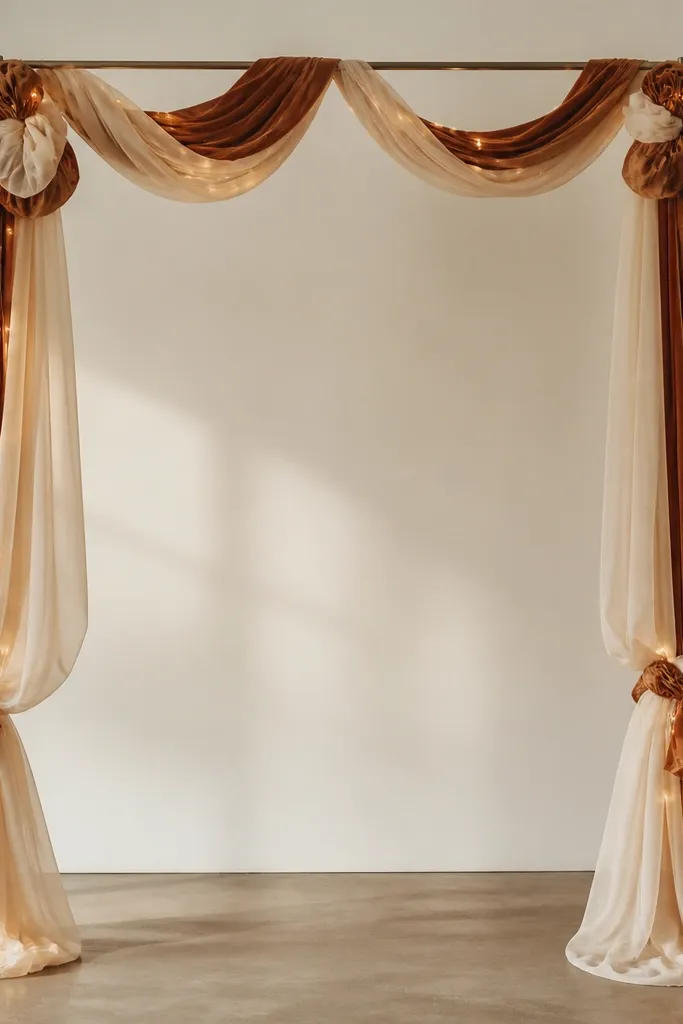 Four corner garlands made from rust velvet ribbon and cream chiffon, hanging from a simple frame; tiny warm fairy lights are tucked between ribbon loops.
