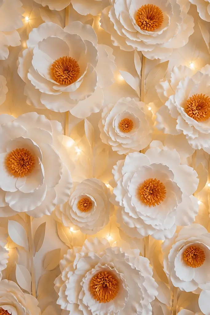 A step-and-repeat wall of large cream paper flowers with saffron centers, layered petals creating visible shadows; warm LED string lights run behind the stems.