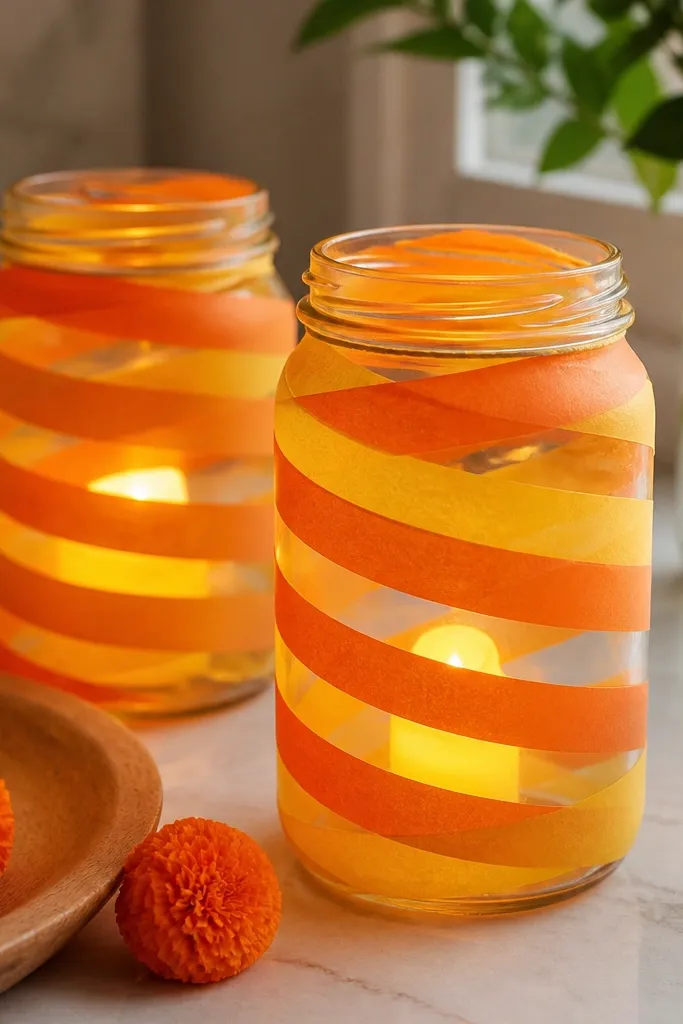 Clear glass jars wrapped with alternating marigold-yellow and orange paper strips in a spiral pattern; inside, a warm LED candle glows through.