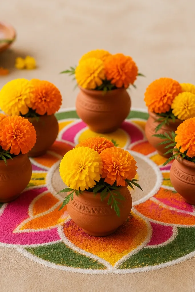 Small terracotta pots arranged on a beige table on top of a circular rangoli-style base made from colored sand; each pot holds a tiny marigold bouquet.