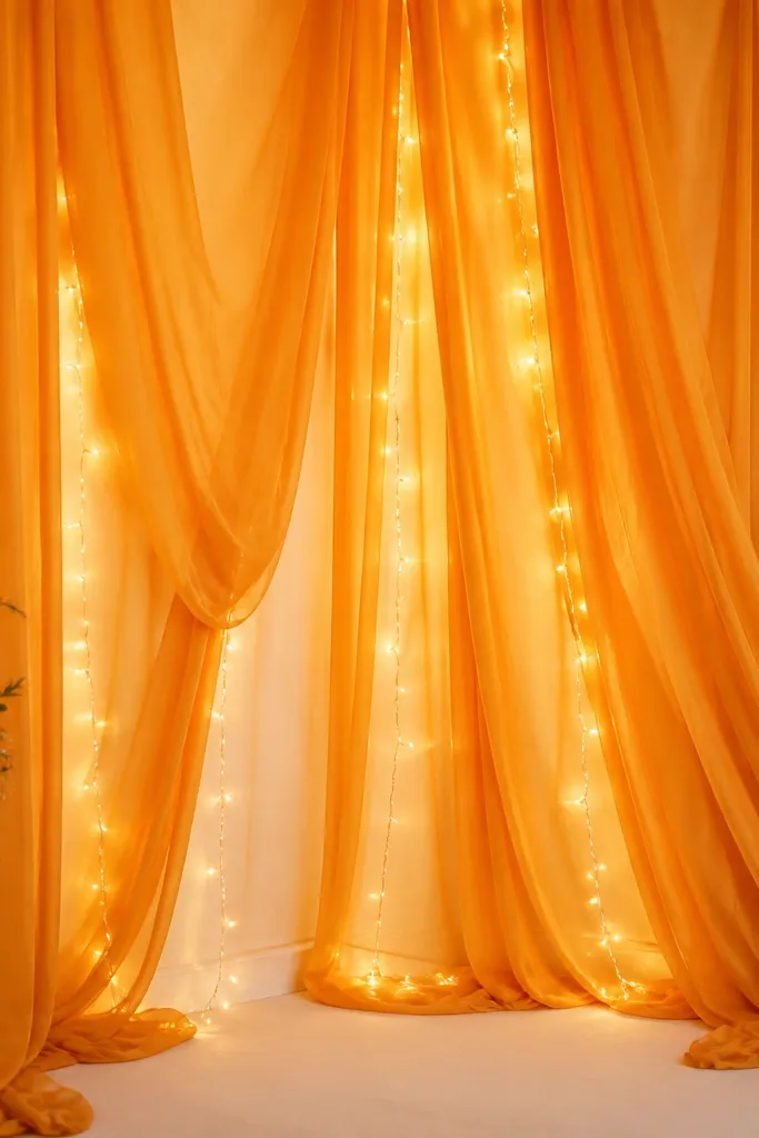 A vertical photo corner covered in draped saffron chiffon panels with warm fairy lights woven between; the background looks soft and glowing.