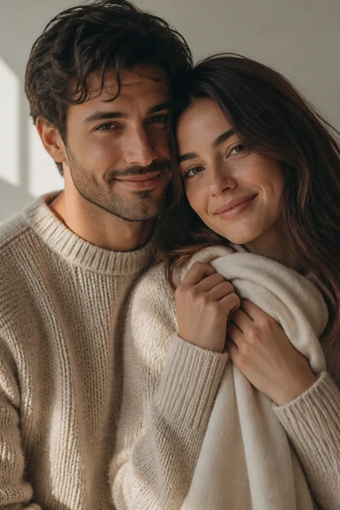 A digital save-the-date photo with two people in matching oat-beige knit sweaters, one holding a cream scarf at chest level. Warm window light creates soft shadows, and both faces are close together with relaxed smiles.