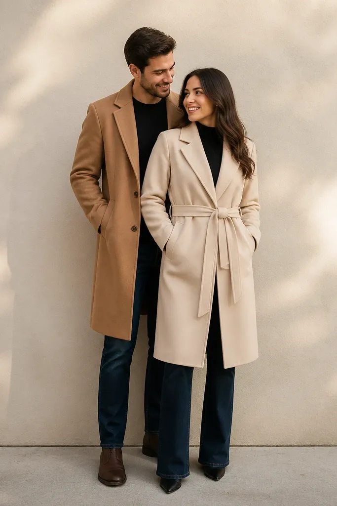 A full-body digital save-the-date scene: one person in a camel wrap coat standing slightly behind the other, both in dark denim. The background is a neutral wall with soft daylight, and the coats create a clean V-shape at the center.