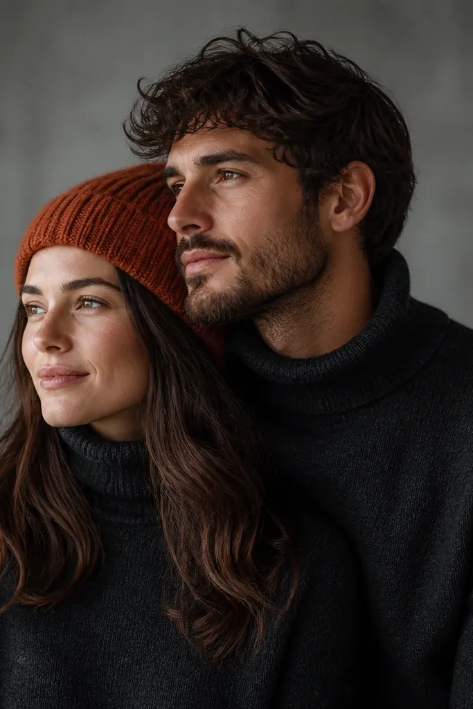 A moody digital save-the-date image with charcoal turtlenecks, a rust-orange beanie, and a soft gray background. The couple is framed from the chest up, facing slightly toward the light source.