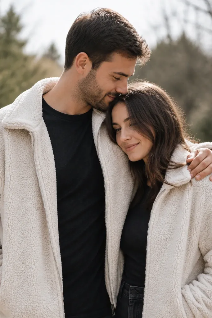 A digital save-the-date photo showing a couple in off-white sherpa jackets over fitted black or charcoal tees. The background is an outdoor path with soft daylight, and the sherpa texture is clearly visible.