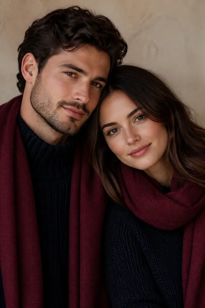 A digital save-the-date close-up with navy sweaters and a burgundy scarf wrapped loosely around the neck. The background is a warm indoor wall, and the scarf color stands out against the dark knit.