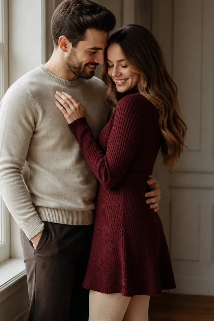 A digital save-the-date portrait with a burgundy knit dress and cream tights. The couple stands near a window, and the knit fabric shows fine texture with warm highlights.