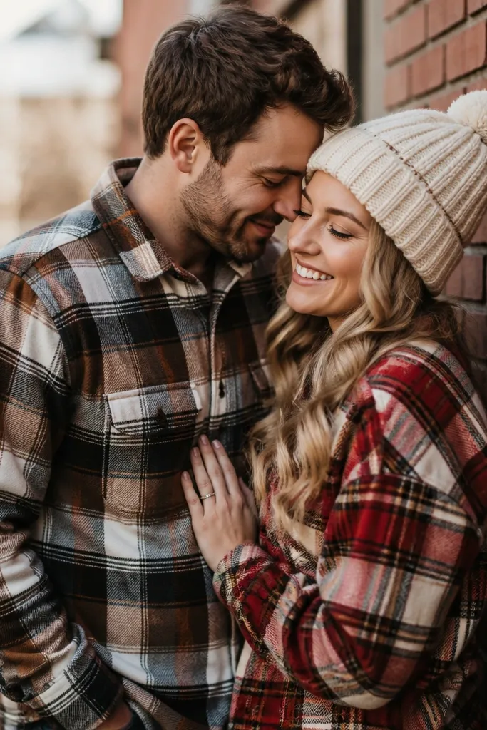 A digital save-the-date outdoors with checked flannel shirts in warm tones and a knit beanie. The couple stands near a brick wall, and the flannel pattern is crisp in the frame.