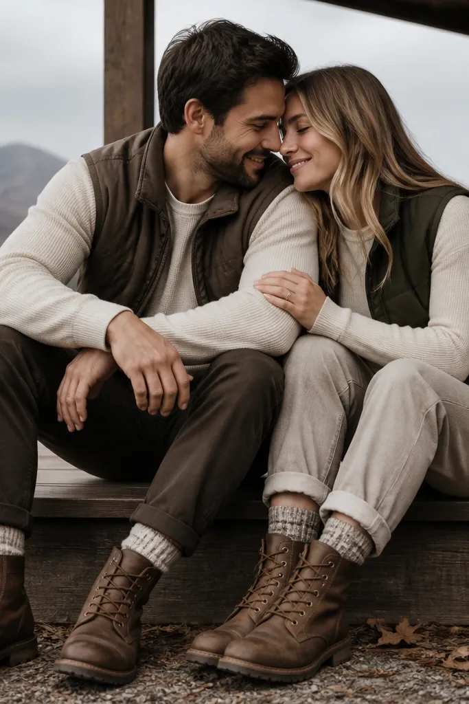 A digital save-the-date with matching thermal long sleeves in warm cream, visible under light layers. The couple is seated, and wool socks peek out with boots.