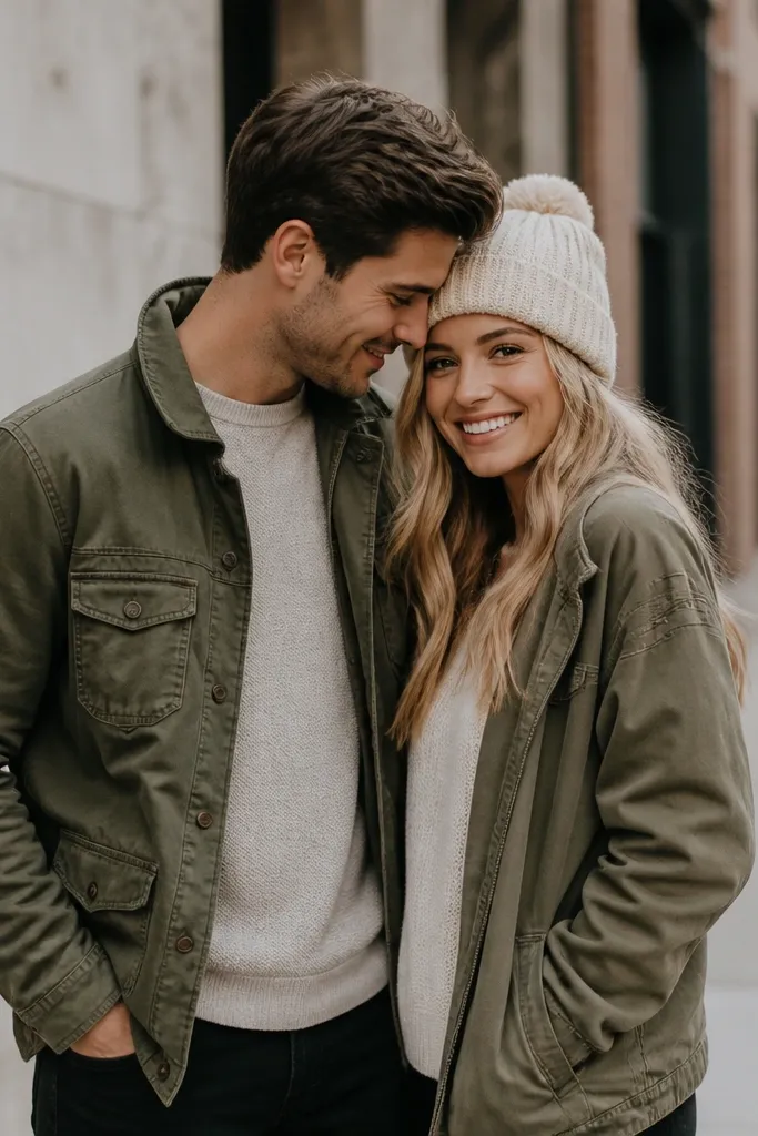 A digital save-the-date image with an olive field jacket worn open over a knit top, paired with a cream knit beanie. The couple stands on a sidewalk with muted background colors.