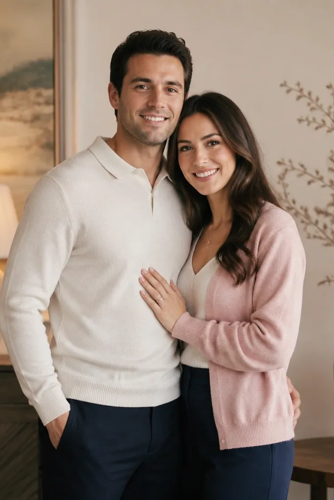 A digital save-the-date portrait with a soft pink cardigan over a light top and navy pants. The couple stands indoors with warm lamp light, and the pink looks gentle on camera.
