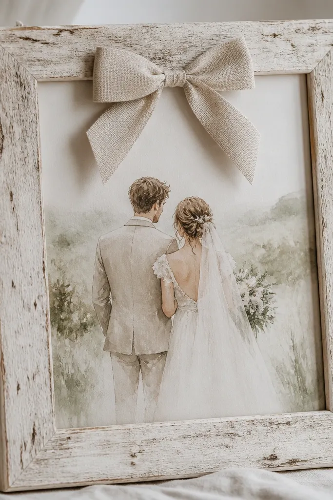 A birch-toned rustic frame with visible wood texture. A linen ribbon bow is tied at the top center of the inner border, and the wedding card is mounted under glass.