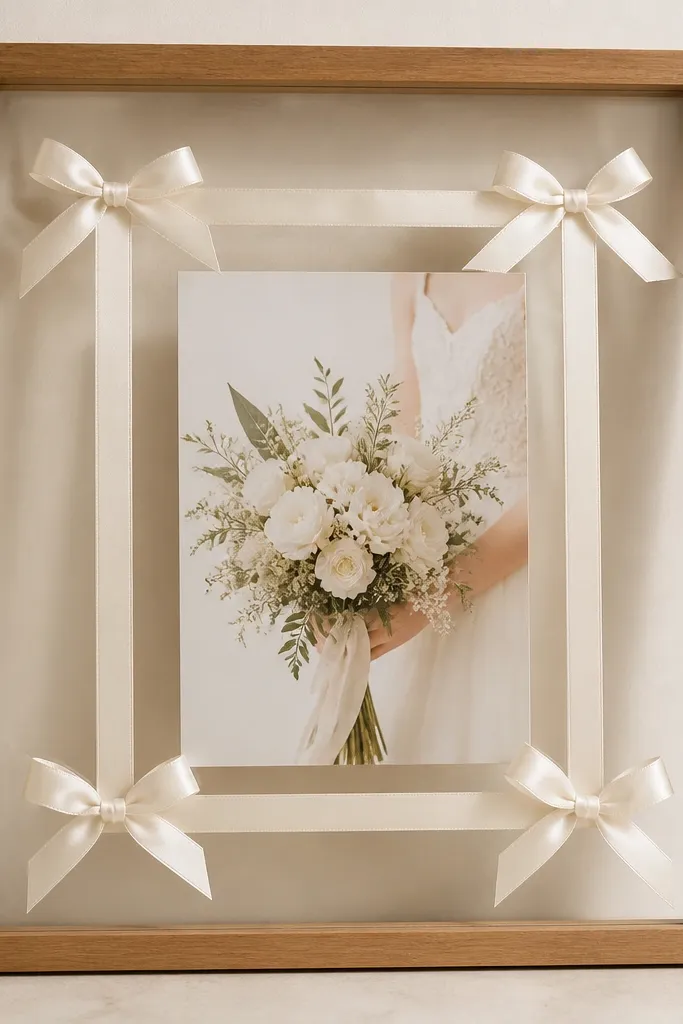 A neutral wood frame with glass. Behind the wedding card, satin ribbon strips form a soft rectangular border, tied at the corners, with the card centered in front.